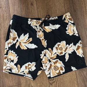 New Volcom Men's Black and Tan Floral Swim Shorts Size XXL‎